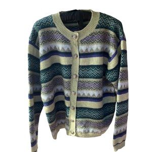 Cambridge Spirit Fair Isle Cardigan Size L 92% Wool 8% Acrylic Metallic Buttons